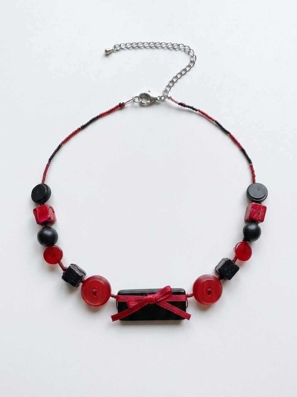 Handmade - Vintage Button & Bead Choker Necklace – Red & Black with Bow Detail